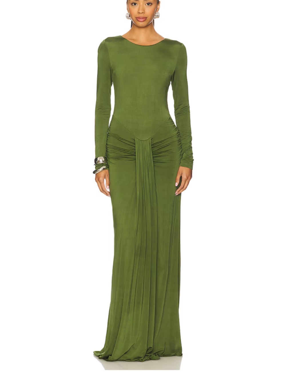 NBD Olive Green Long-Sleeve Ruched Maxi Dress